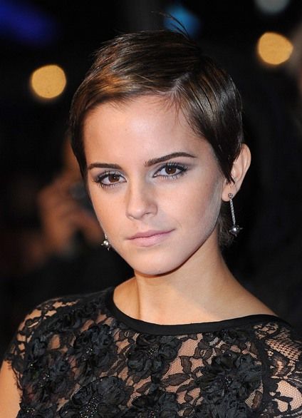 Emma Watson Short Haircut: Brunette Sleek Highlighted Pixie Cut