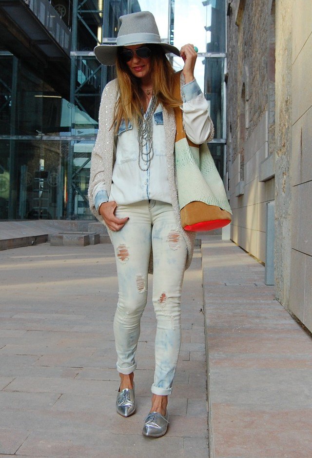 denim and silver outfit