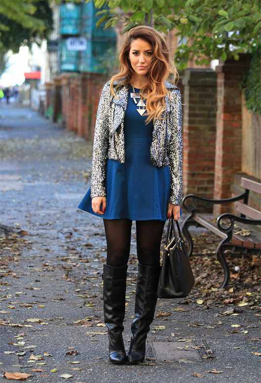 blue dress winter outfit