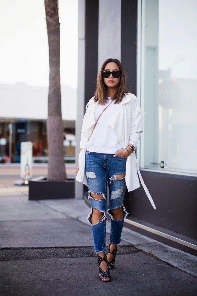 white top blue jeans outfit