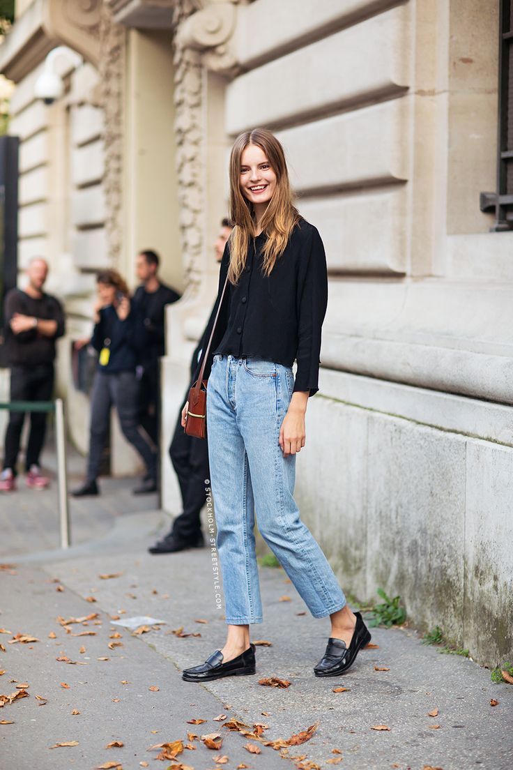 black loafers and jeans