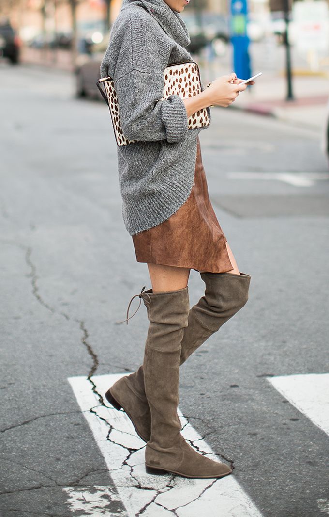 tan suede knee high boots outfit