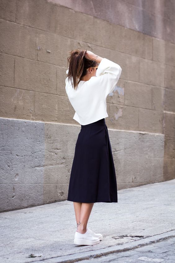 midi skirt and sneakers outfit