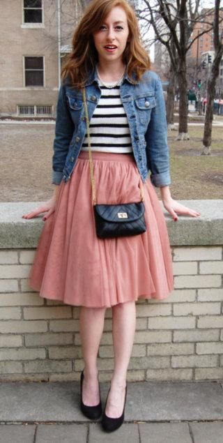 skirt and denim jacket