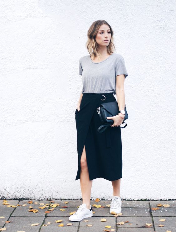 pencil skirt and sneakers outfit