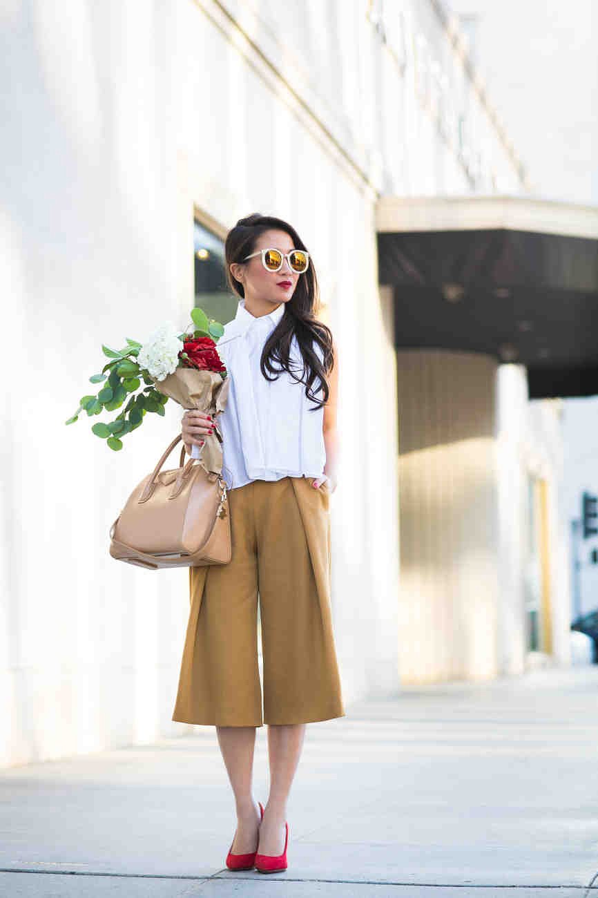 black shirt mustard pants