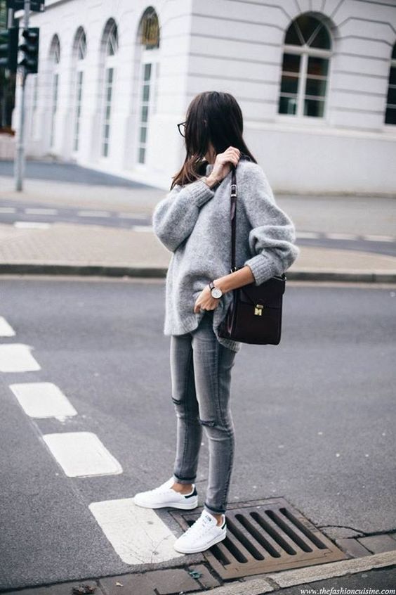 outfit with grey sneakers