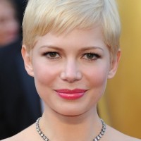 Michelle Williams Short Blonde Pixie Cut with Side Swept Fringes