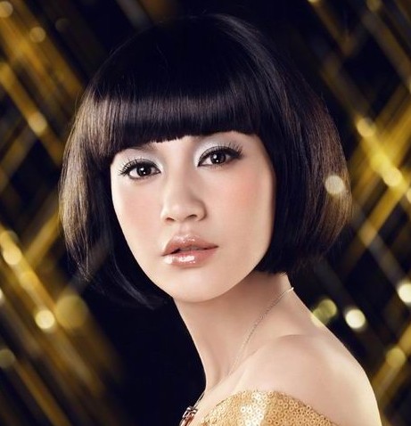 Asian bob hairstyle with Straight Across Bangs
