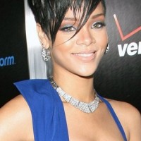 Rihanna Short Haircut: Black Short Pixie Cut with Long Side Bangs