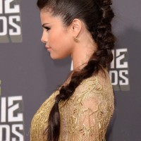 Selena Gomez Hairstyles 2014- Side view of Braided Long Hairstyle