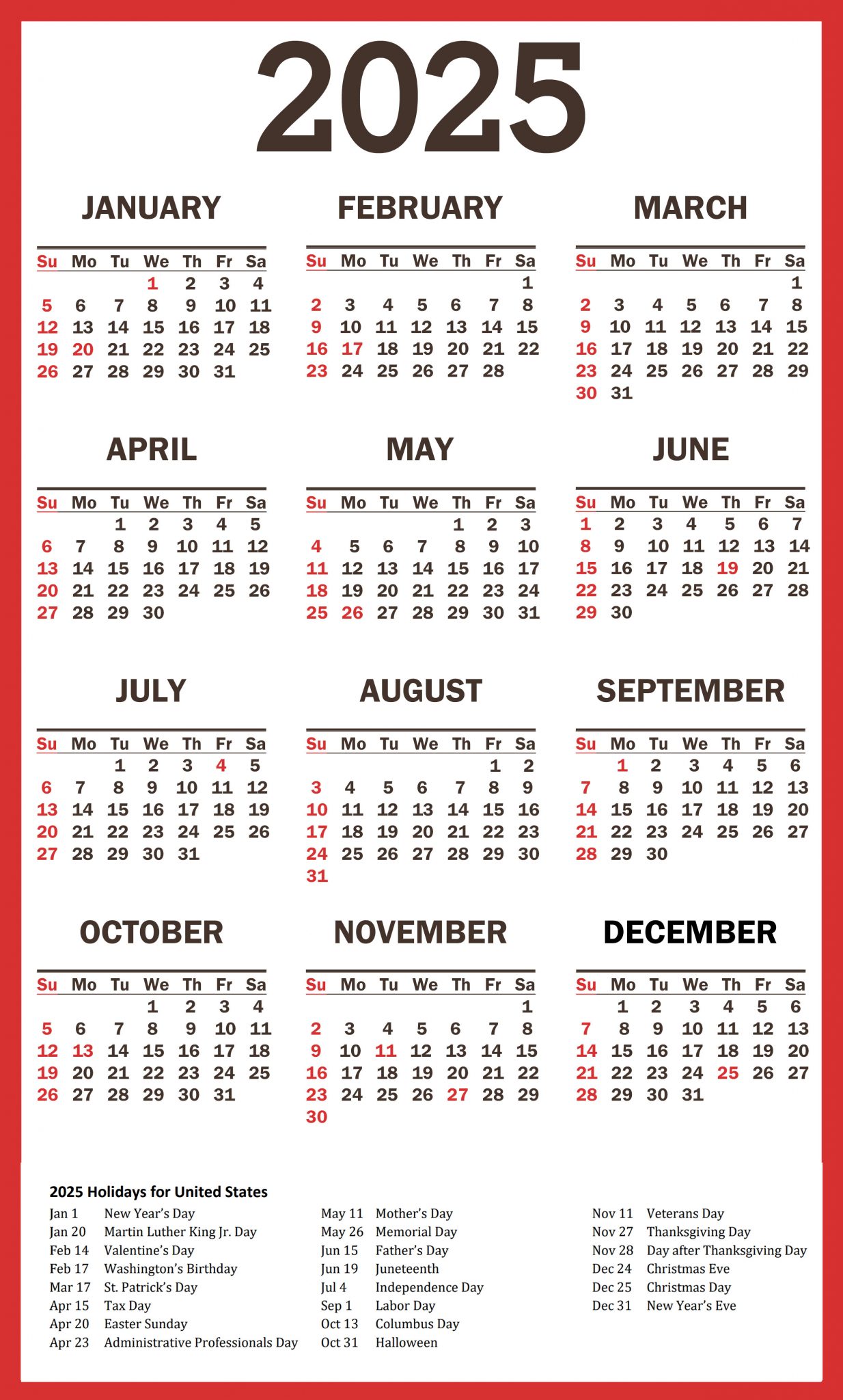 2025 Calendar With Holidays Printable And Free Download Pretty Designs