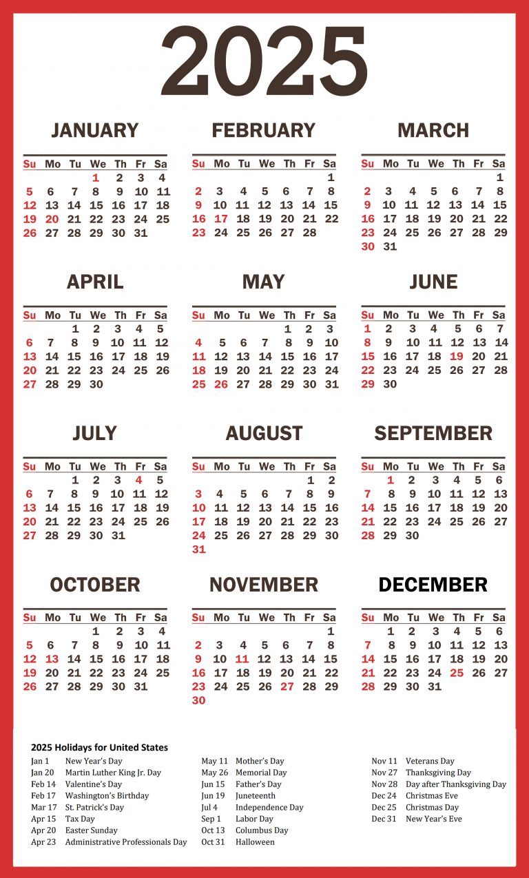 2025 Calendar with Holidays (Printable and Free Download) Pretty Designs