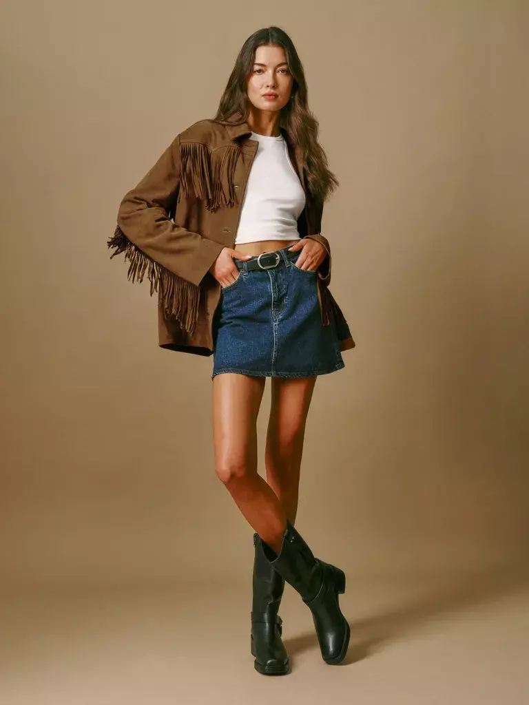 Fringed Suede Jacket Crop Top Denim Skirt