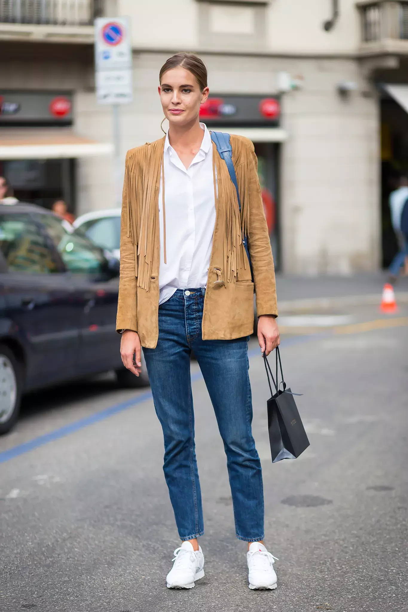 Fringed Suede Jacket White Shirt Straight Leg Jeans